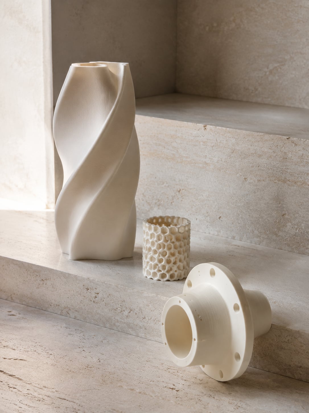Ivory printed forms displayed on limestone